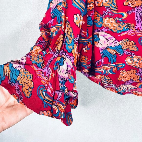 Maeve Anthropologie Top Womens 14 Red Rayon Button Up Shirt Career Japanese NWT - Picture 2 of 12